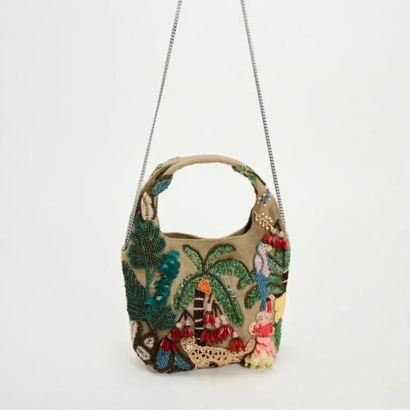 NWT Zara Beaded Mini Bucket Bag Canvas Jungle Tropical Animal 6525/310 - Picture 6 of 15